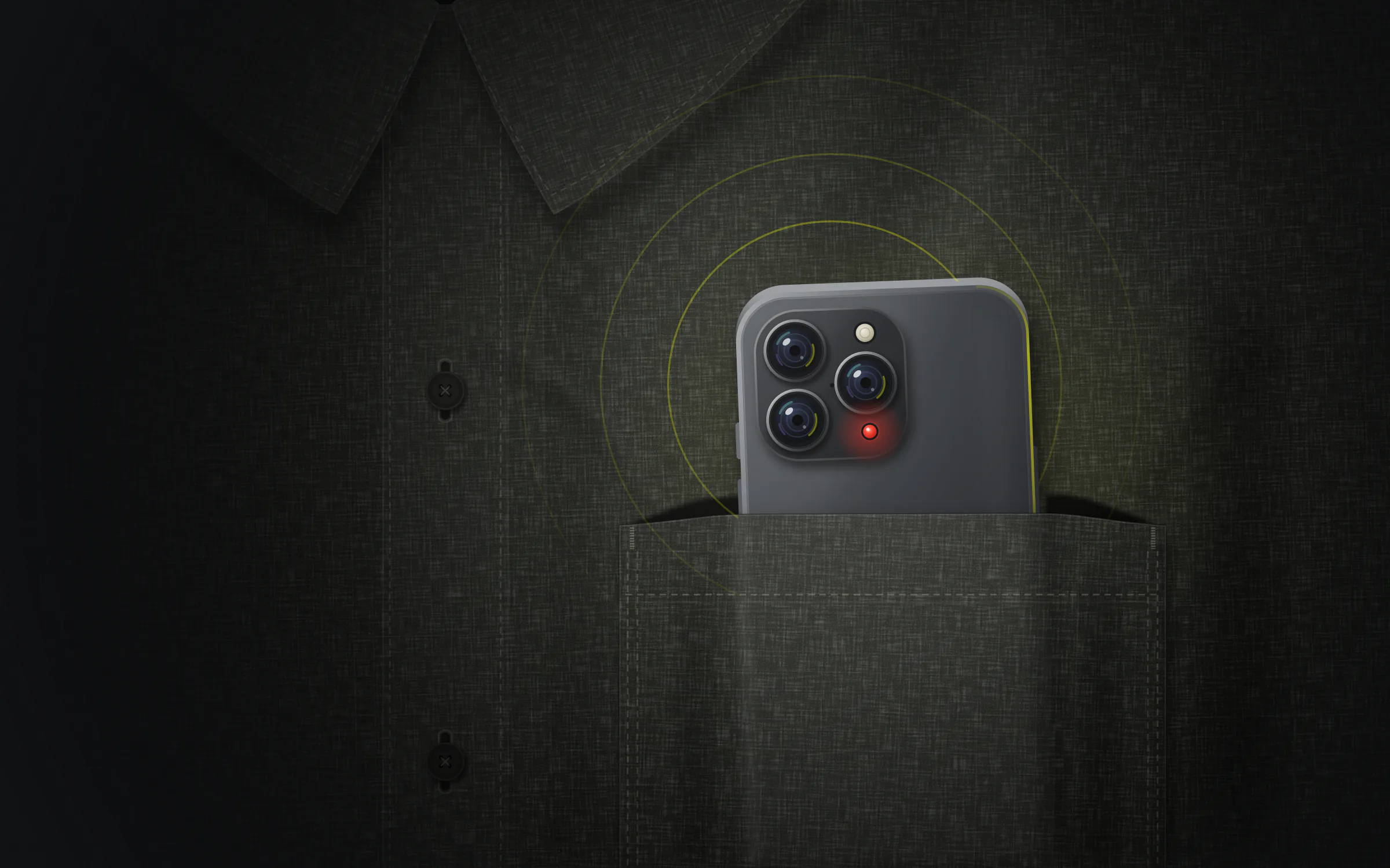 Illustration: a phone in a shirt pocket, rear camera recording.