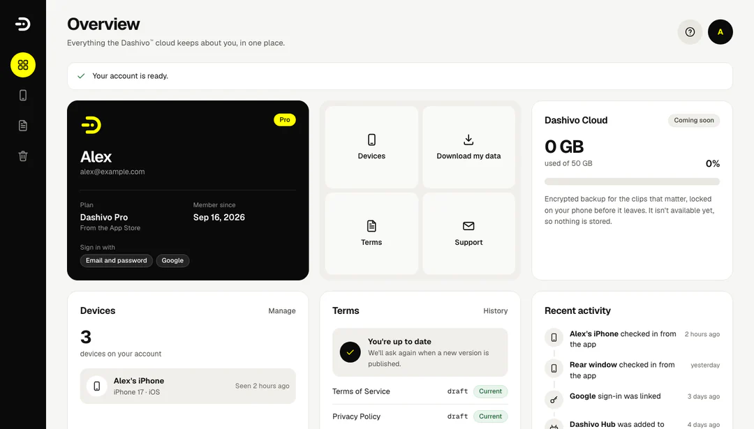 The Dashivo account overview in a browser, with sample data: the plan, the phones on the account, the terms and Dashivo Cloud storage marked Coming soon.