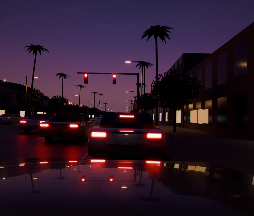 Example frame, an original 3D render: stopped at a red light at night, close behind a car with its brake lights on, palms and street lights beyond.