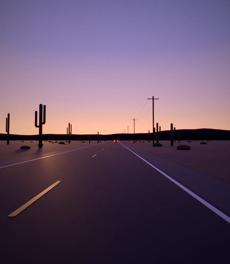 Example frame, an original 3D render: a two-lane desert highway at dusk with saguaros and power poles, under a trip mileage readout.