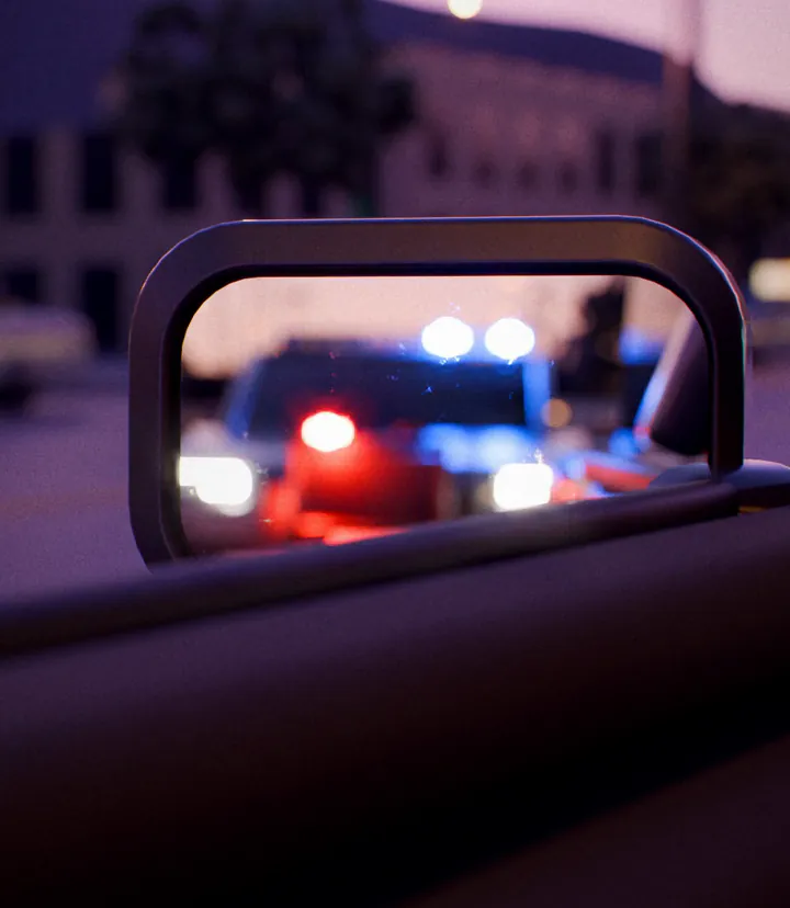Example frame, an original 3D render: a patrol car's red and blue lights in the driver's side mirror, pulled over on a city street at dusk.