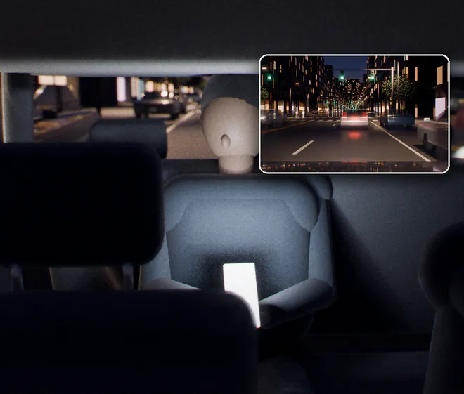 Example frame, an original 3D render: the cabin at night seen from the dash, a rider in the back seat, with the road ahead in a small inset.