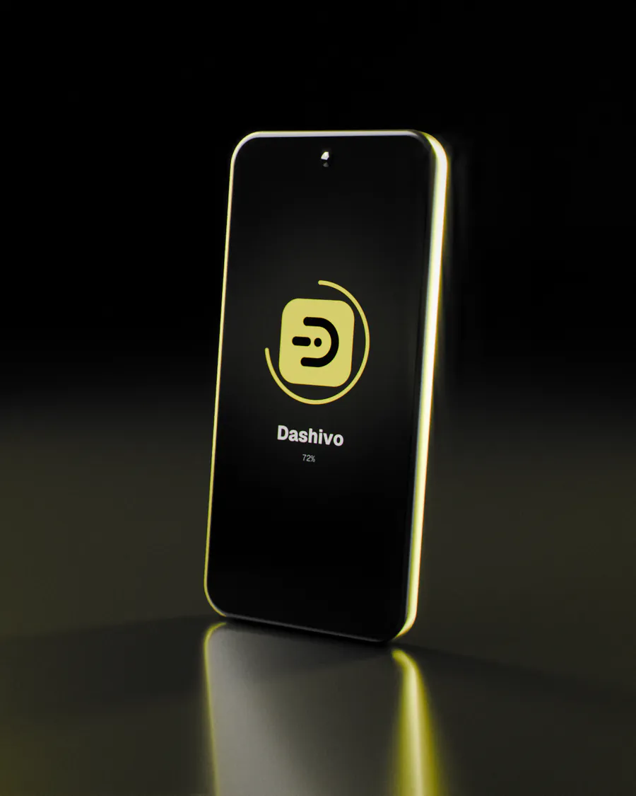 An original 3D render of a phone standing on a dark, glossy floor in a yellow rim light, installing the Dashivo app: its icon on the screen inside a progress ring at 72%.
