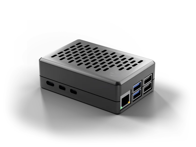 The Dashivo Hub Black Box: a black case with cooling slots on top and its ports on the side.