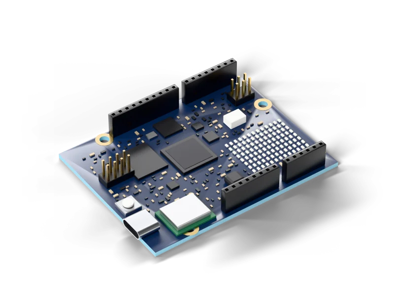 Illustration of the board inside: a dark blue board with black pin headers along both long edges, square chips, a grid of small LEDs, a USB-C port and a small metal-can radio module.