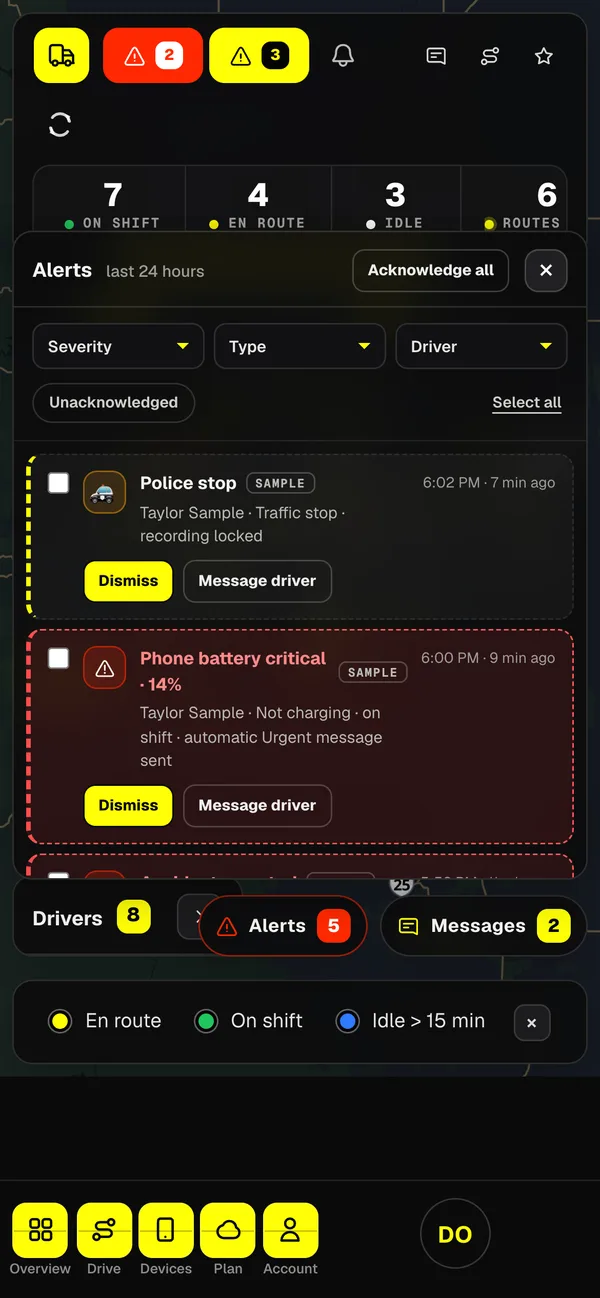 Dashivo Pro alerts in a phone browser, with the demo company.