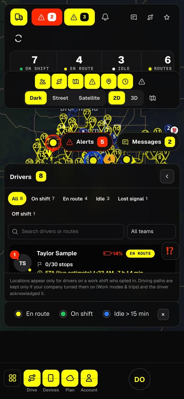 The Dashivo Pro console in a phone browser, with the demo company's live map.