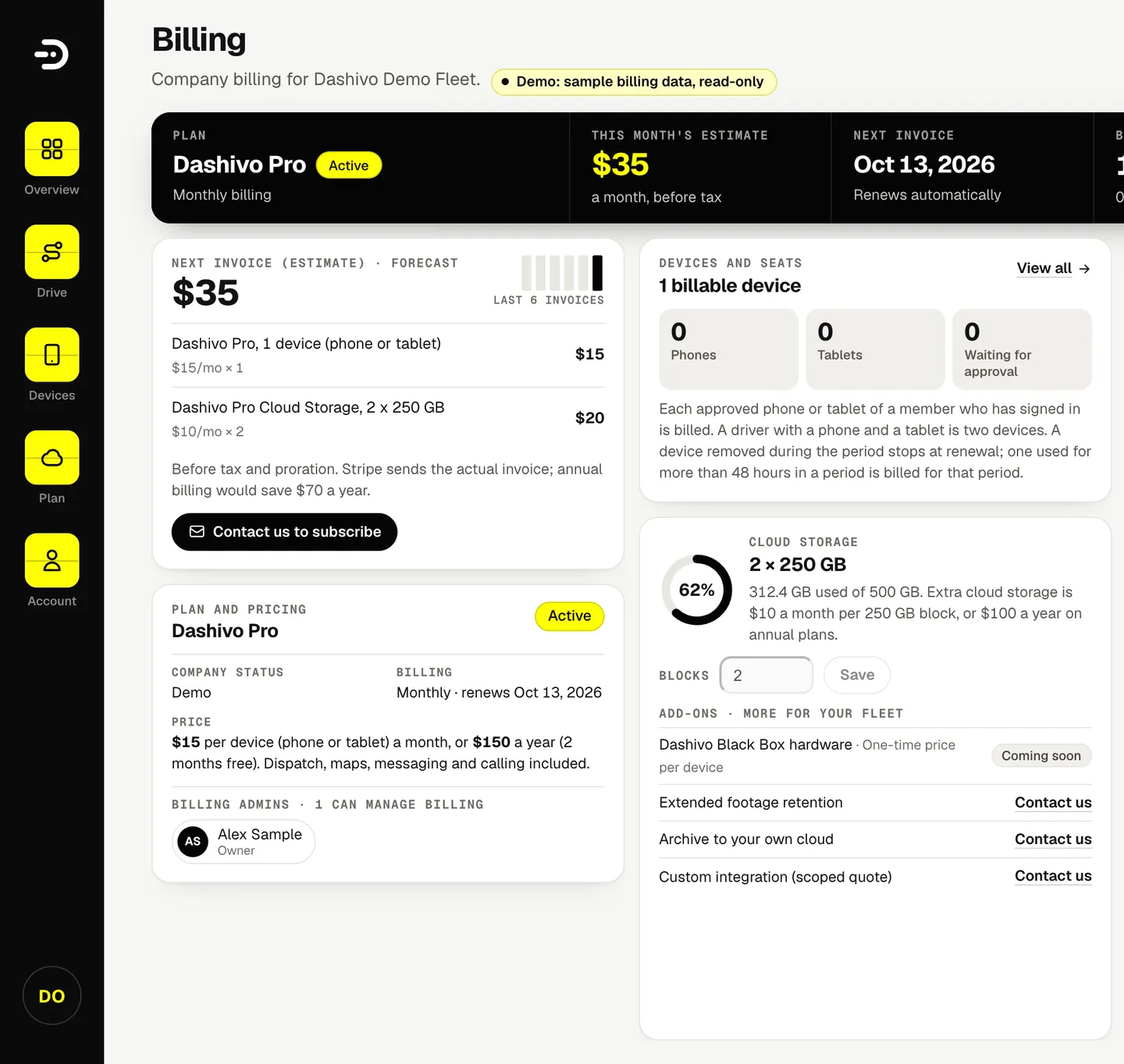 The Dashivo Pro billing page with the demo company: the plan, the monthly estimate, devices and seats, and cloud storage blocks.