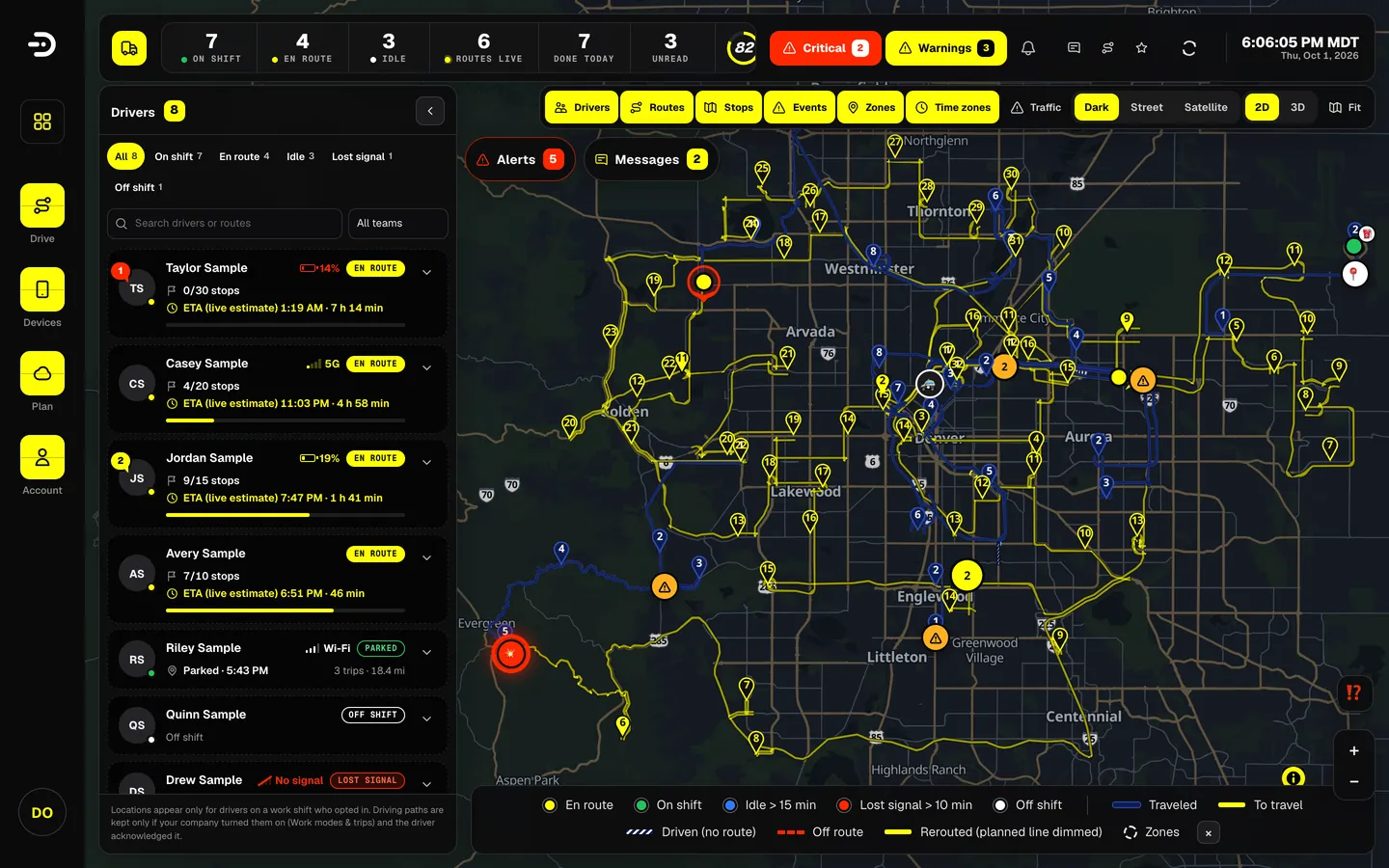 The Dashivo Pro dispatch console with the demo company: a live map of sample drivers and their routes, with the alerts and messages panes beside it.