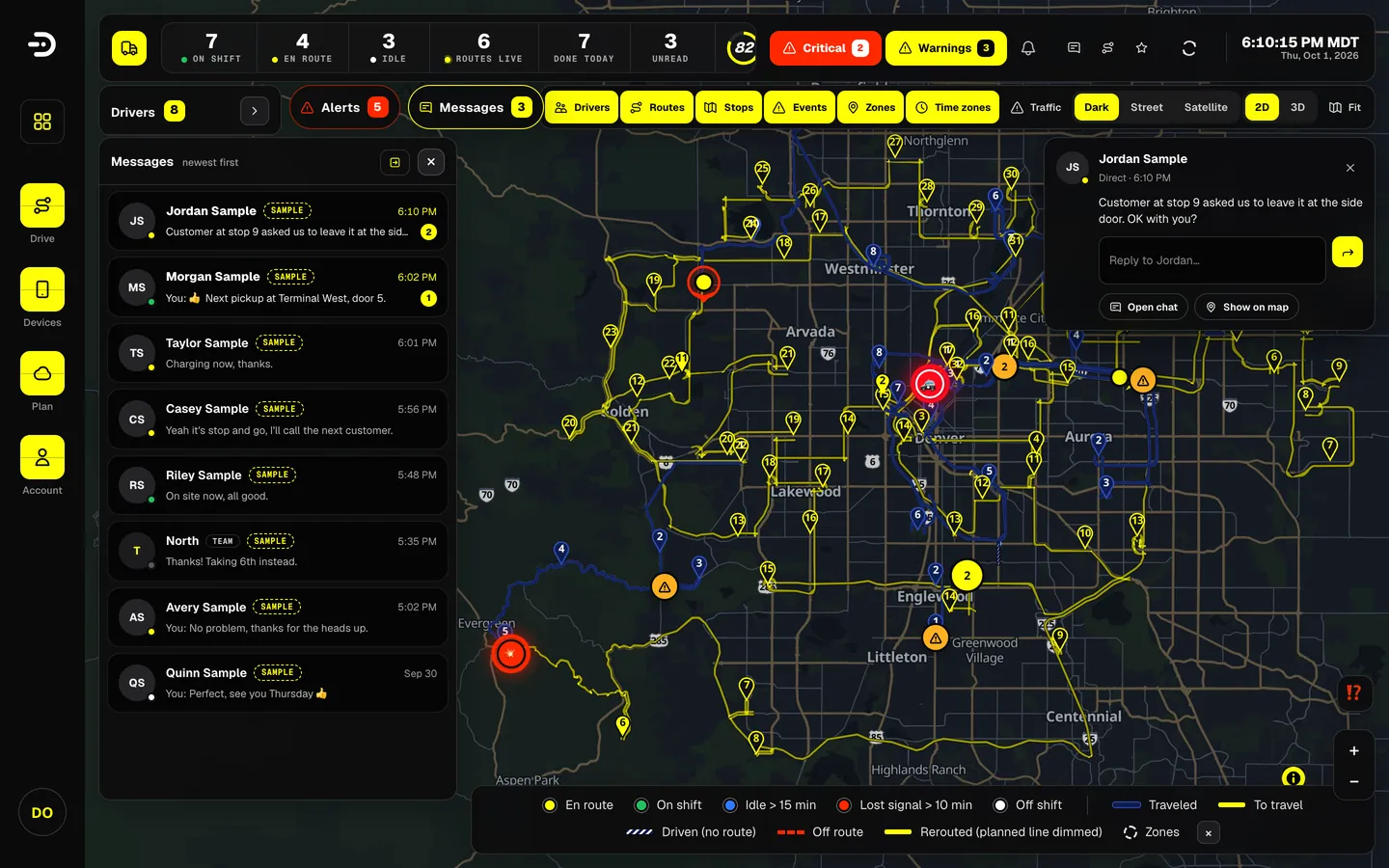 The Dashivo Pro dispatch console with the demo company: the messages pane open beside the live map, with a sample driver's message and a quick reply.