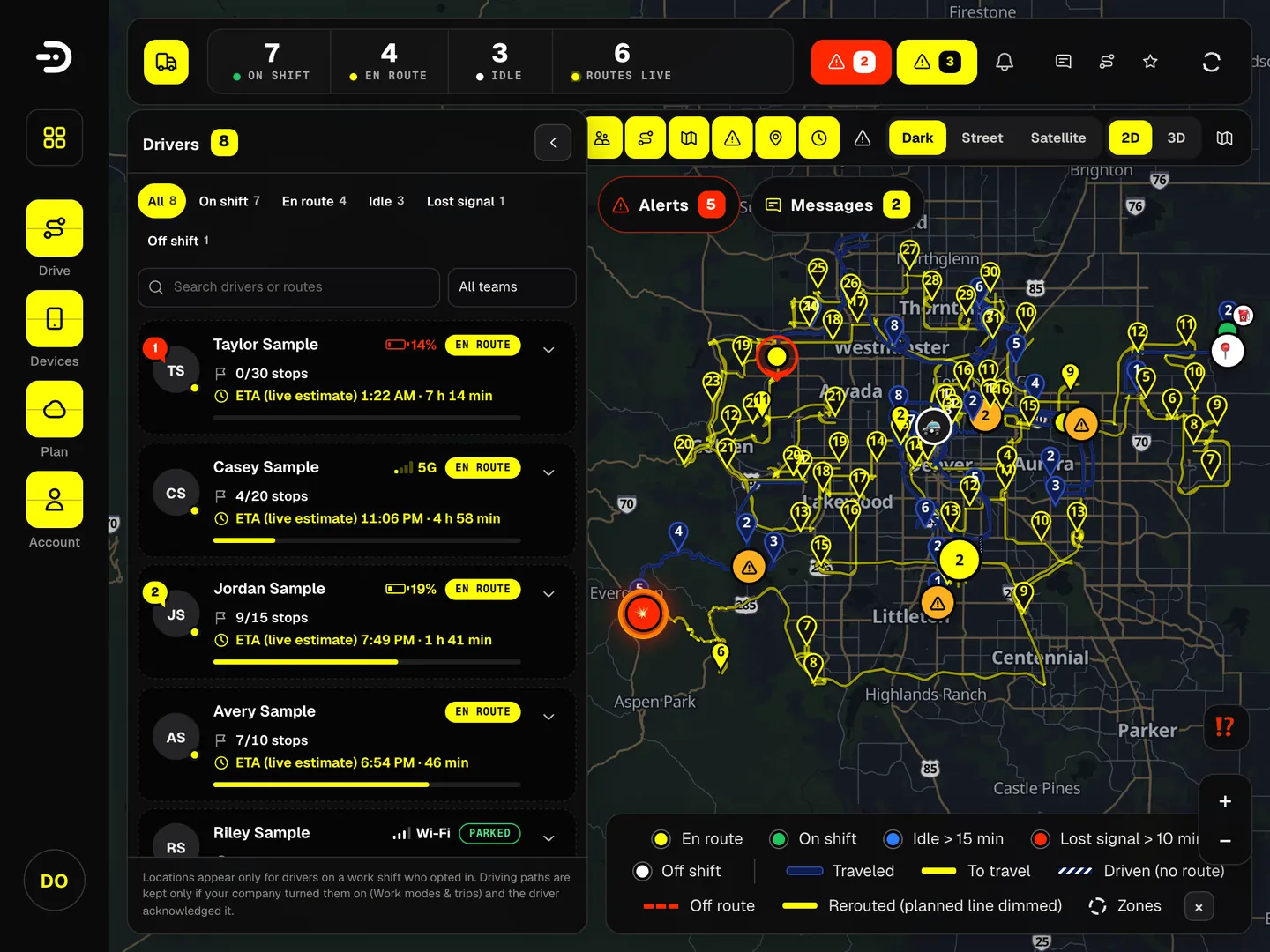 The Dashivo Pro dispatch console on a tablet, with the demo company's live map and routes.