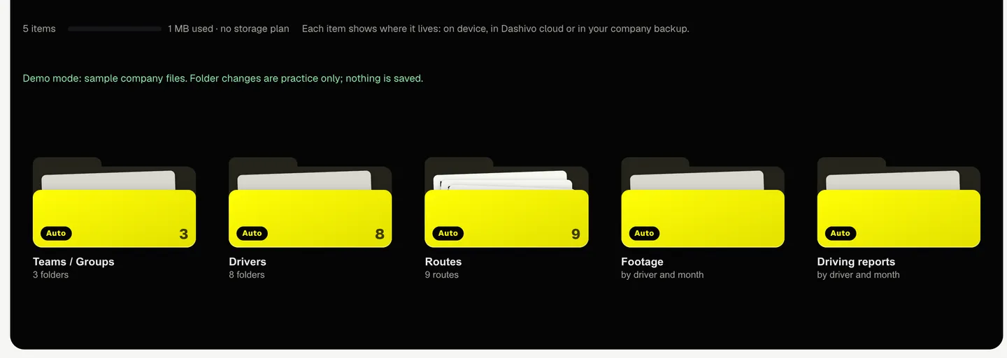 Dashivo Pro Files with the demo company: automatic folders for teams, drivers, routes, footage and driving reports.