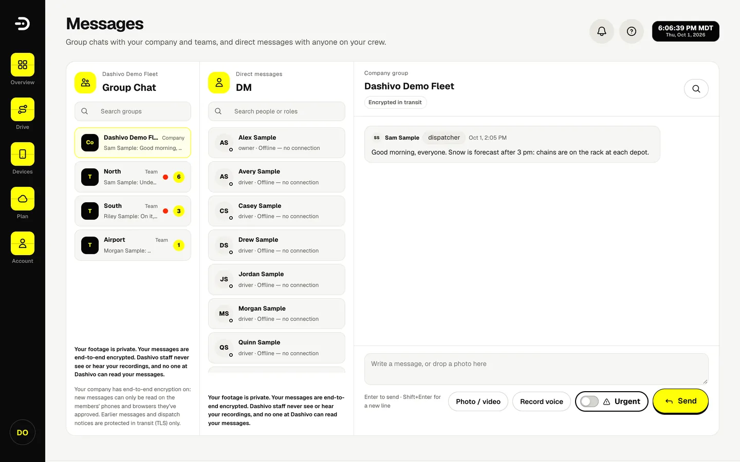 Dashivo Pro messages with the demo company: a team conversation between dispatch and sample drivers.