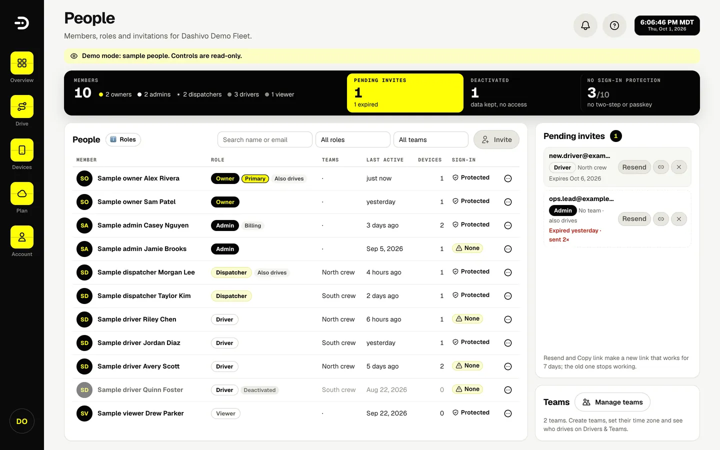 The Dashivo Pro People page with the demo company: sample members with their roles and teams.