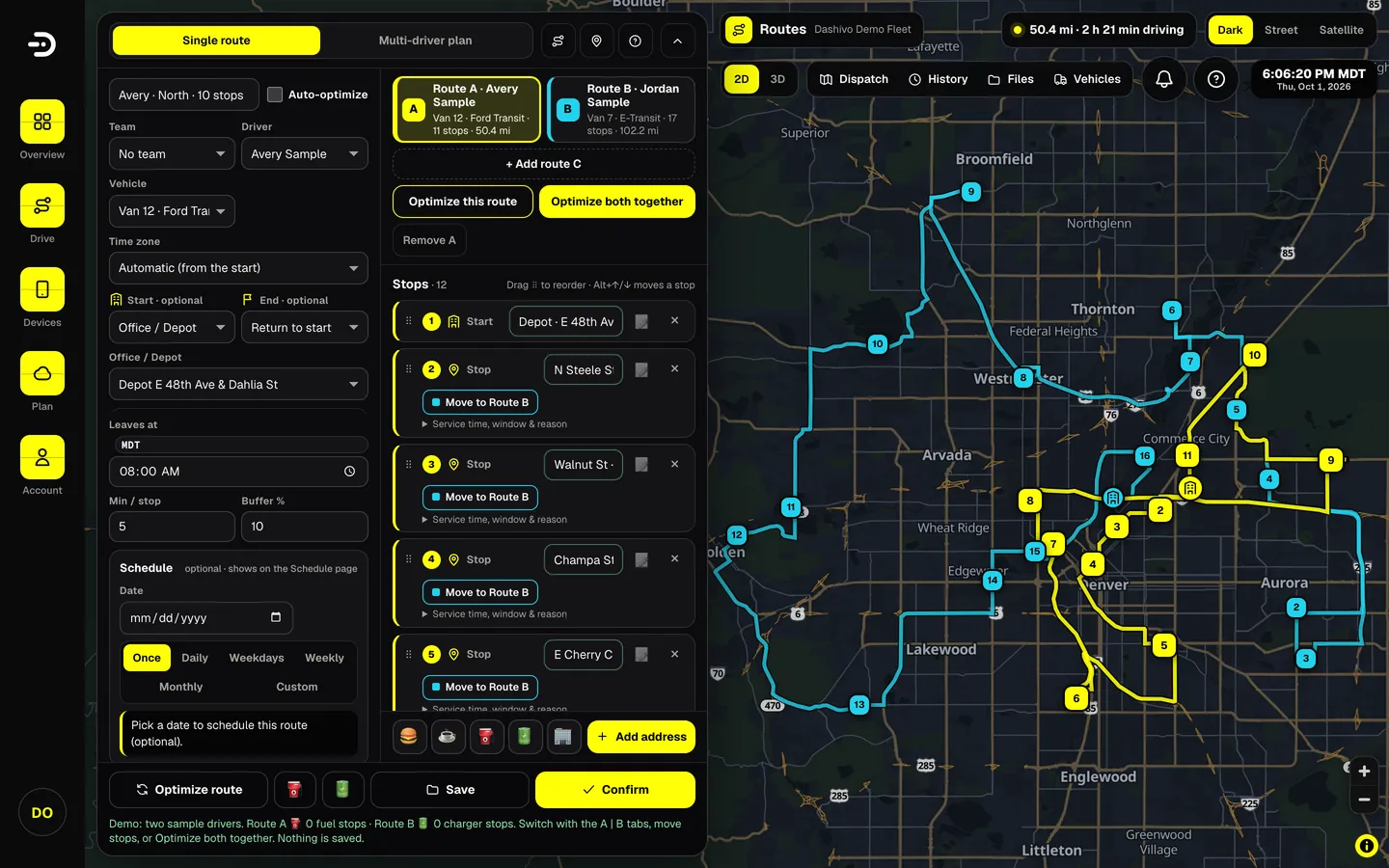 The Dashivo Pro route planner with the demo company: two sample routes planned together on one map, each in its own colour, with their stops listed beside it.