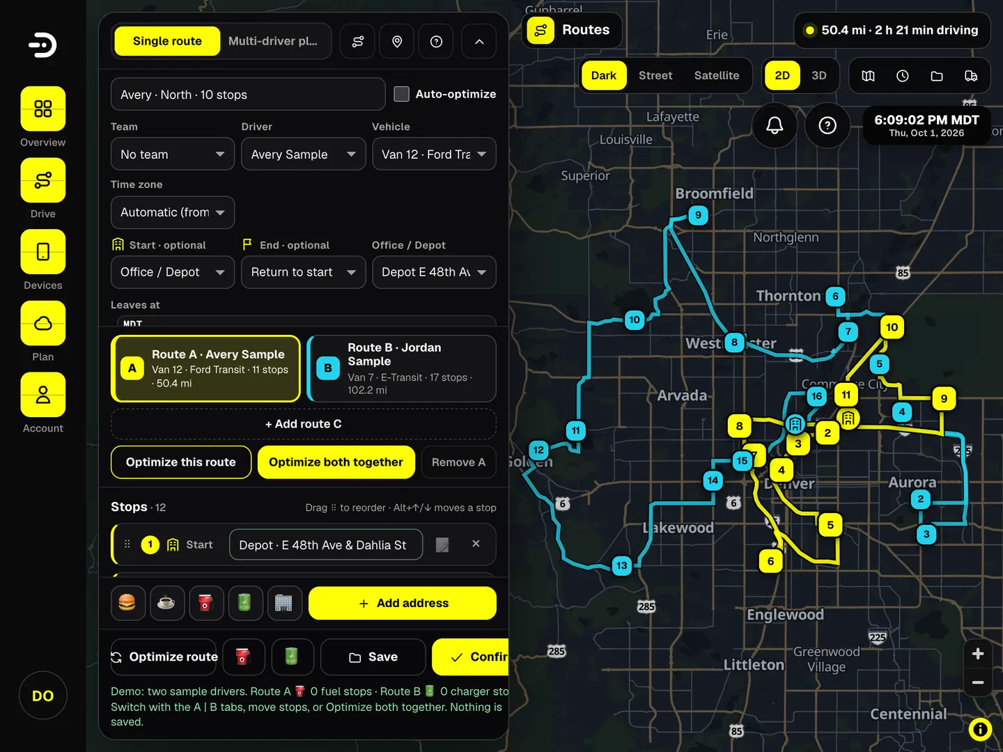 The Dashivo Pro route planner on a tablet, with the demo company's sample routes.