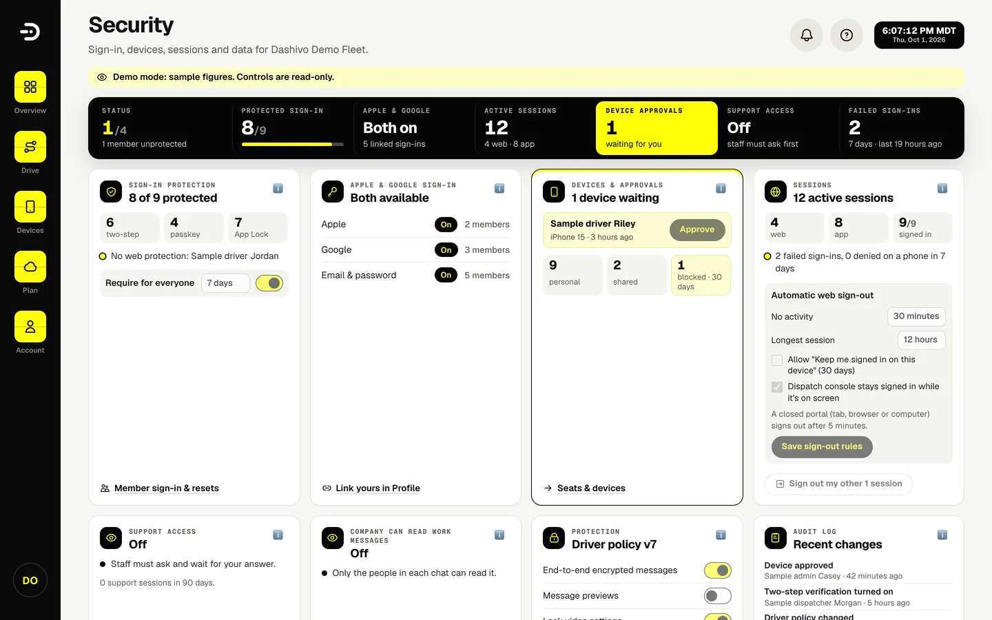 The Dashivo Pro company security page with the demo company: automatic sign-out and session settings.