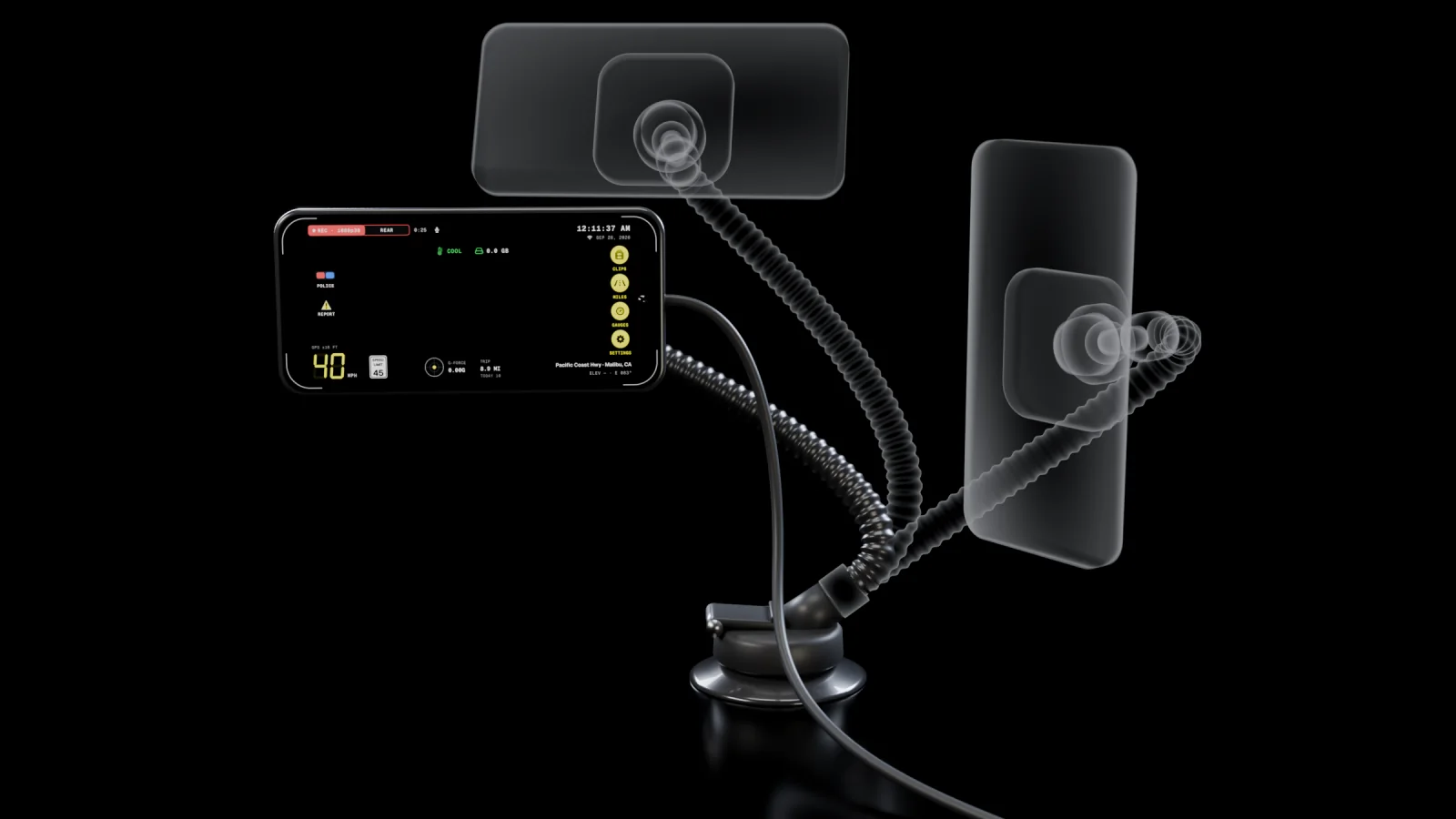 An original 3D render of a generic magnetic phone mount on a dark stage: a suction cup base with a lever, a ribbed arm that bends, and a square magnetic head on a ball joint holding a phone sideways, with the app's HUD on screen. Two faint outlines show the same arm bent higher with the phone tilted back, and swung to the side with the phone upright.