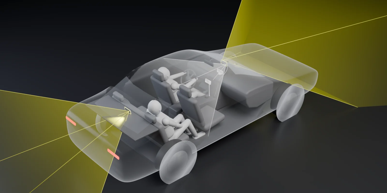 An original 3D cutaway of a sedan at night, seen from behind on the passenger side. The main phone is on a magnetic mount with a bendable arm in the middle of the windshield, just below the rear-view mirror: its rear camera's view in yellow reaches forward to the road, and its front camera's view in white covers the front seats and a rider in the back. A second phone on the rear shelf looks back through the rear window, its view in yellow. Faint outlines on the dashboard and the center console mark the other good spots.