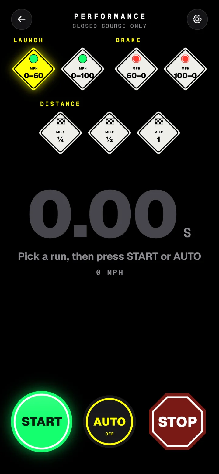 Dashivo's performance stopwatch on an Android phone: 0–60, 0–100, 60–0 and 100–0 braking, a quarter, half and full mile, with START, AUTO and STOP.