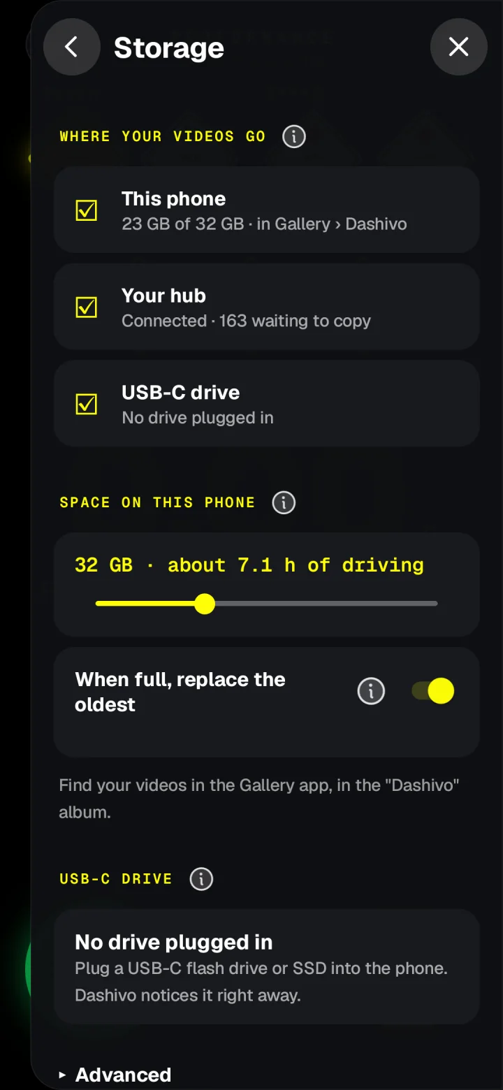 Storage settings in Dashivo on Android: keep videos on this phone, your hub or a USB-C drive, how much space to use, and replace the oldest when full.