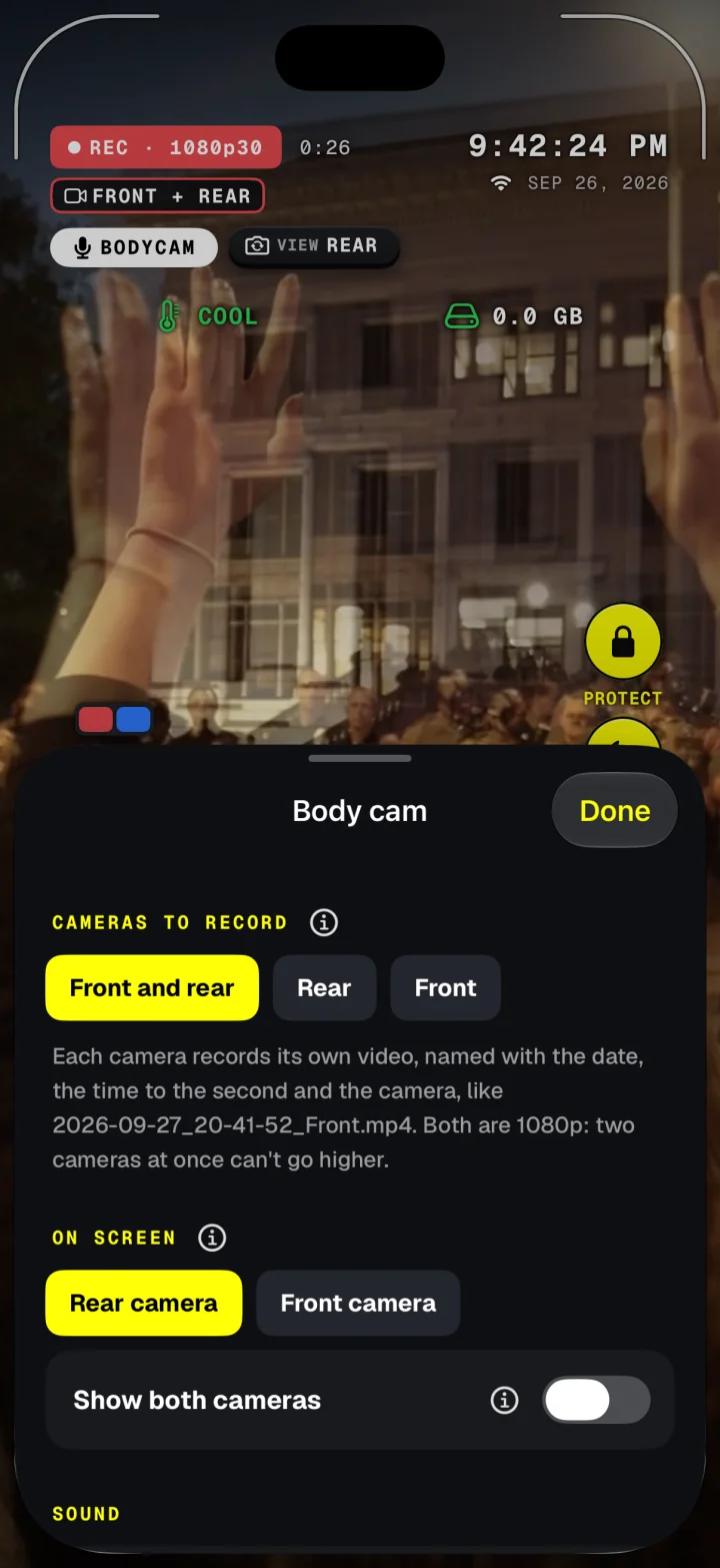 Body cam settings in Dashivo: record the front and rear cameras, the rear or the front, choose which camera shows on screen, and show both cameras at once.