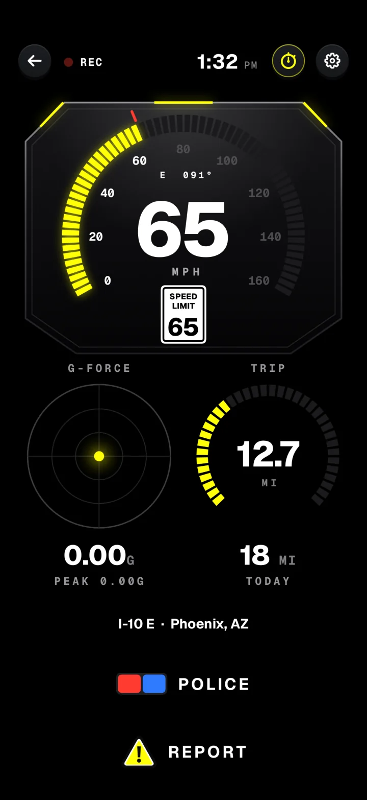 Dashivo's dashboard gauges on iPhone: 65 mph under a 65 mph speed-limit sign on I-10 E in Phoenix, a G-force dial with its peak, trip and today's miles, and POLICE and REPORT buttons.