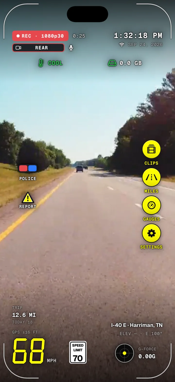 The Dashivo HUD on iPhone recording on I-40 E near Harriman, Tennessee, at 1:32 PM: REC with the clip timer, the REAR camera tag and the mic, the clock and date, COOL heat and storage in the status row, 68 mph under a 70 mph speed-limit sign, trip and today's miles, G-force, and buttons for Police, Report, Clips, Miles, Gauges and Settings.