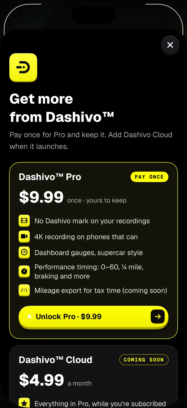 Dashivo's plans screen: Dashivo Pro, $9.99 once, yours to keep, with an Unlock Pro button, and Dashivo Cloud, coming soon.