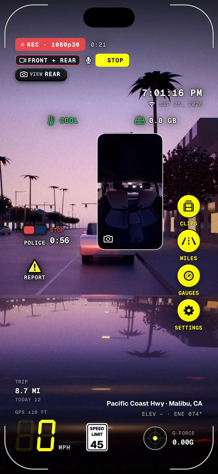 A police stop running in Dashivo on iPhone at dusk: REC, a yellow STOP chip, FRONT + REAR recording, the VIEW REAR swap pill, the cabin camera in a small picture, the stop timer on POLICE, and 0 mph on Pacific Coast Hwy in Malibu.