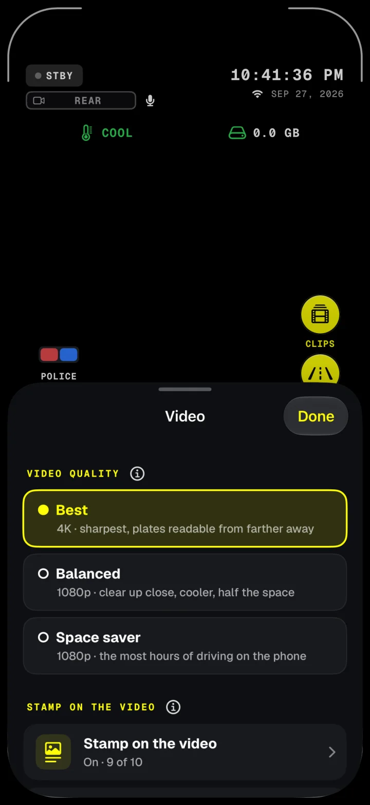 Video quality in Dashivo: Best records in 4K, Balanced in 1080p, Space saver keeps the most hours on the phone.