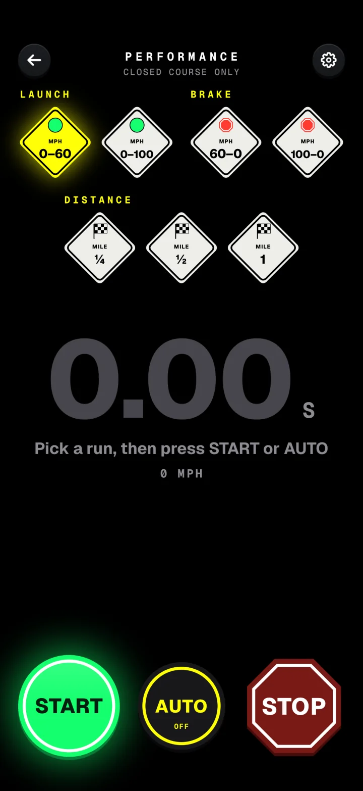 Dashivo's performance stopwatch: runs for 0–60, 0–100, 60–0 and 100–0 braking, a quarter, half and full mile, with START, AUTO and STOP.