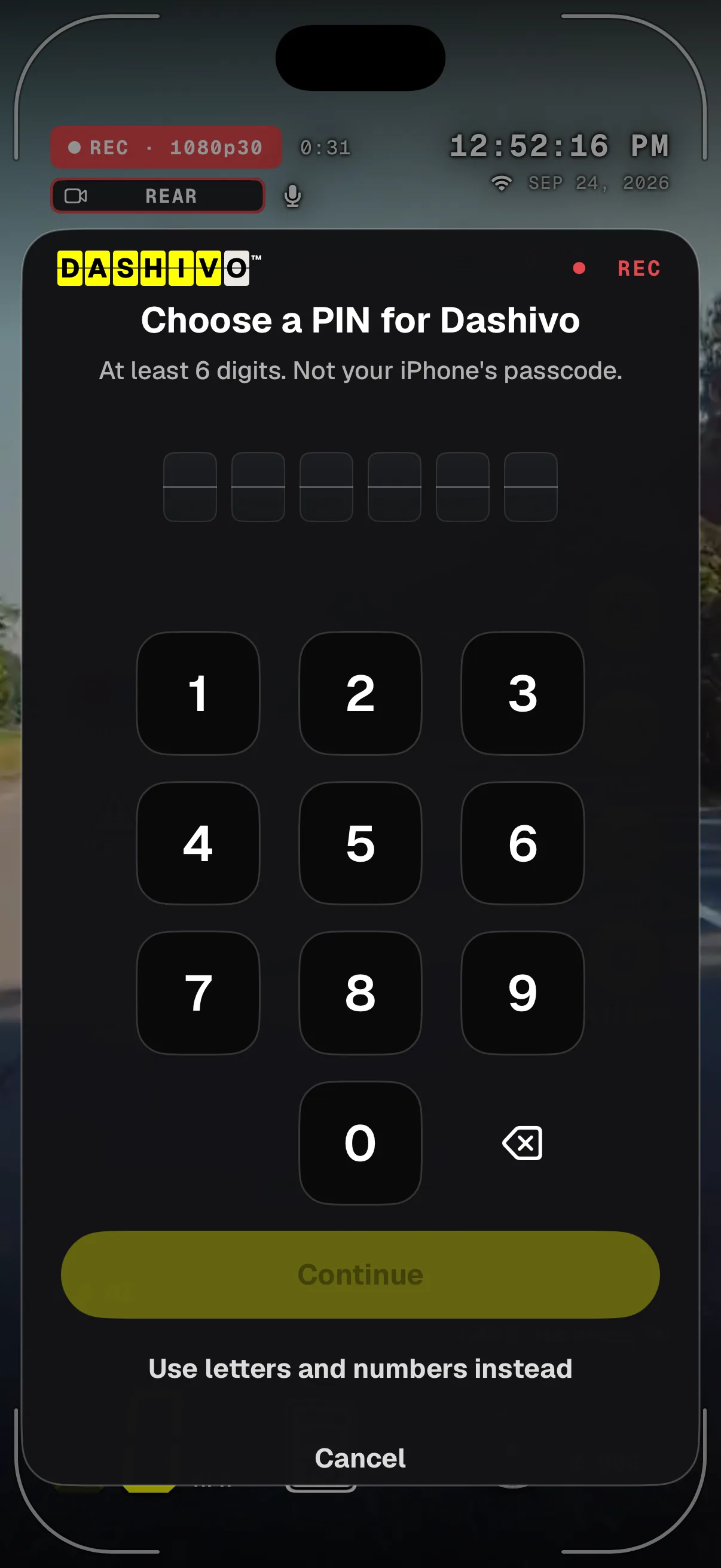 Choosing a PIN for Dashivo: at least 6 digits, not your iPhone's passcode, with a number pad, Continue, and an option to use letters and numbers instead. REC shows at the top.