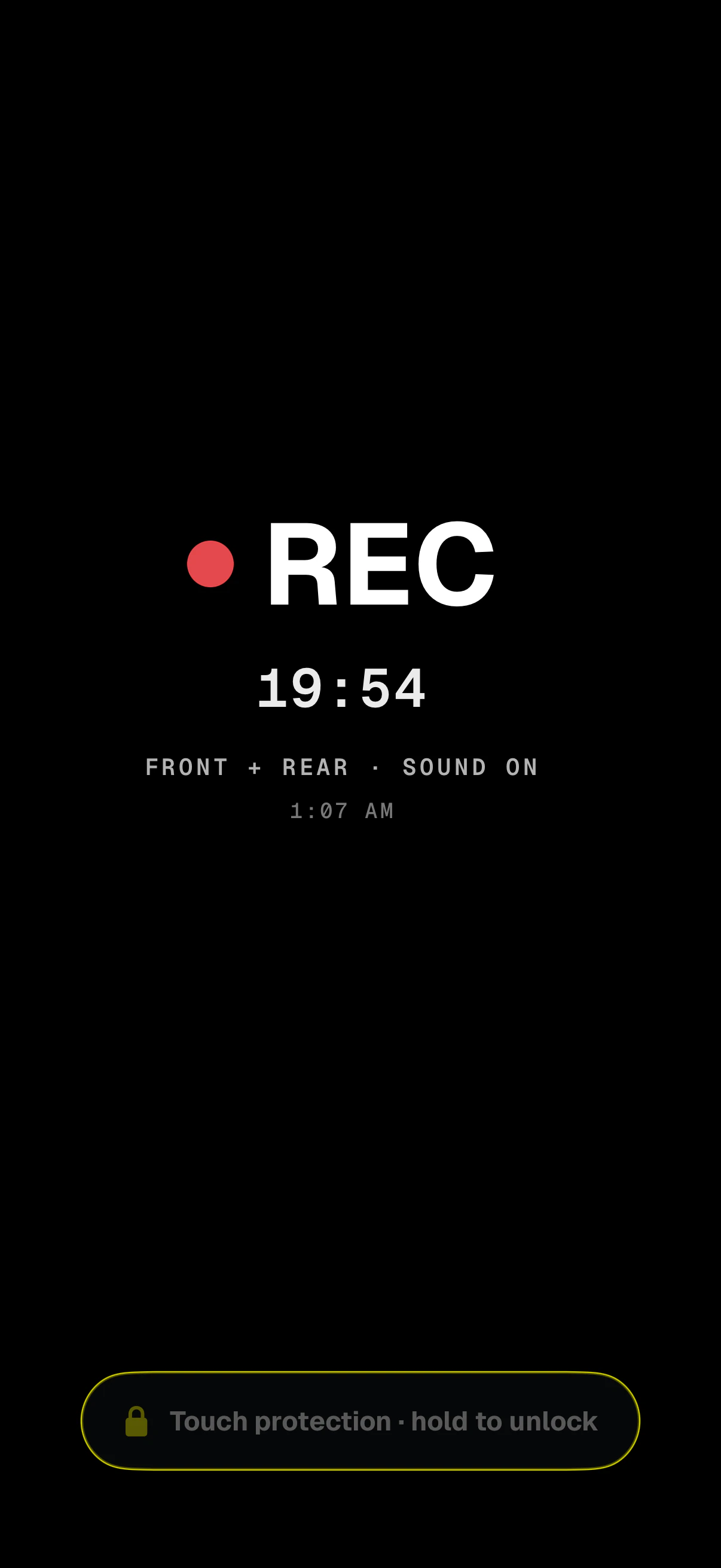 Touch protection on: a dark screen with a big REC, 19:54 recorded, FRONT + REAR · SOUND ON, the time, and Touch protection · hold to unlock.