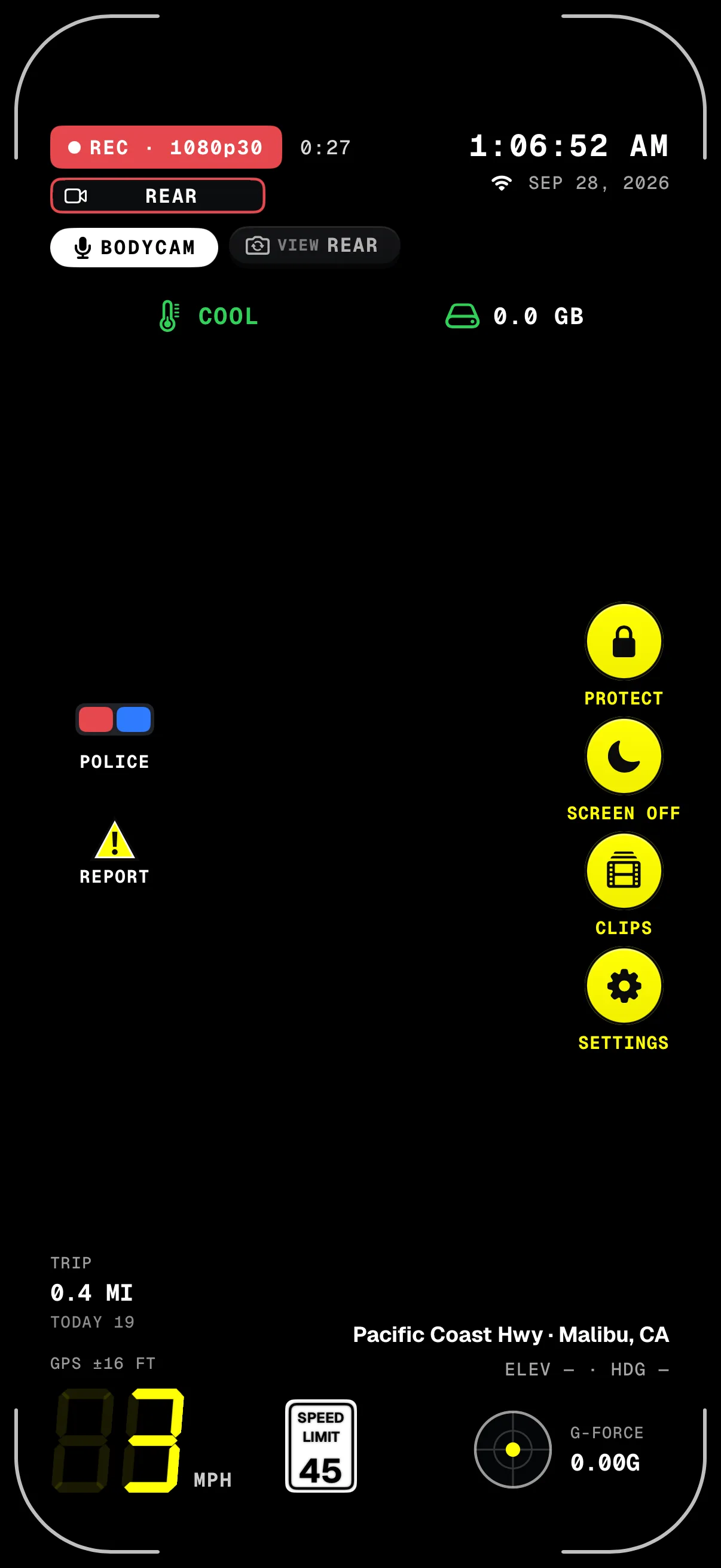 Dashivo in body cam mode on iPhone: REC in 1080p with the clip timer and the REAR camera tag, a BODYCAM badge with a microphone, the VIEW REAR camera pill, POLICE and REPORT, Protect and Screen off buttons, trip miles and the speed-limit sign.