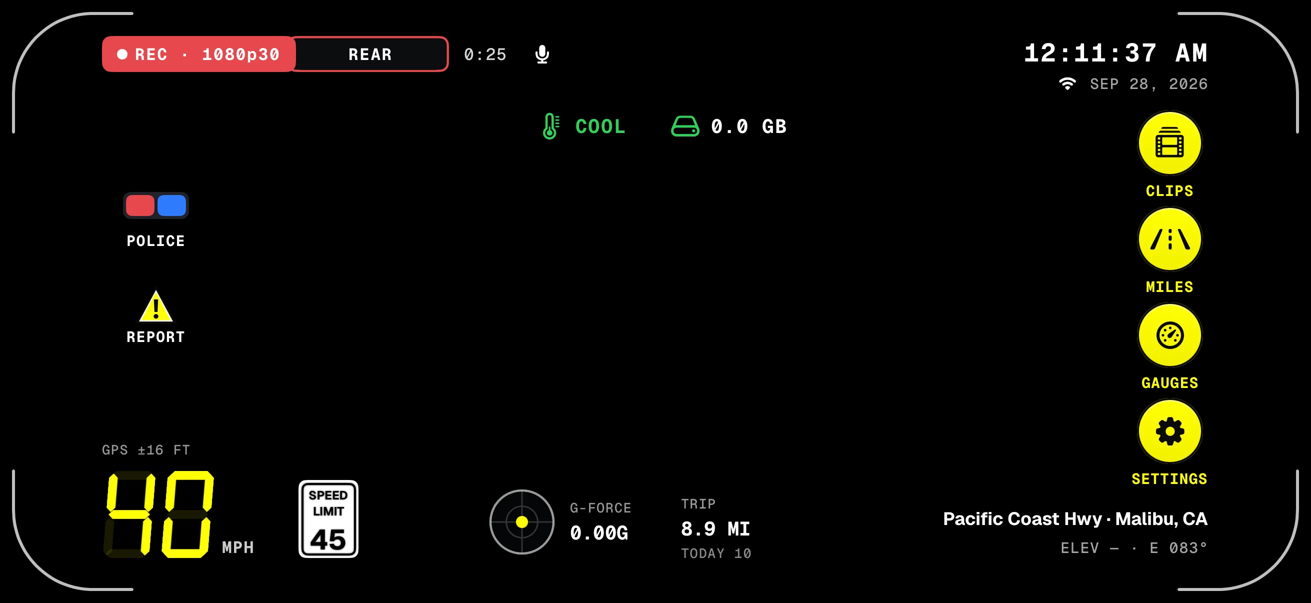 The same HUD with the iPhone sideways: REC, the clock, 40 mph under the 45 limit sign, G-force, trip miles, the street and city, and the rail of Clips, Miles, Gauges and Settings.