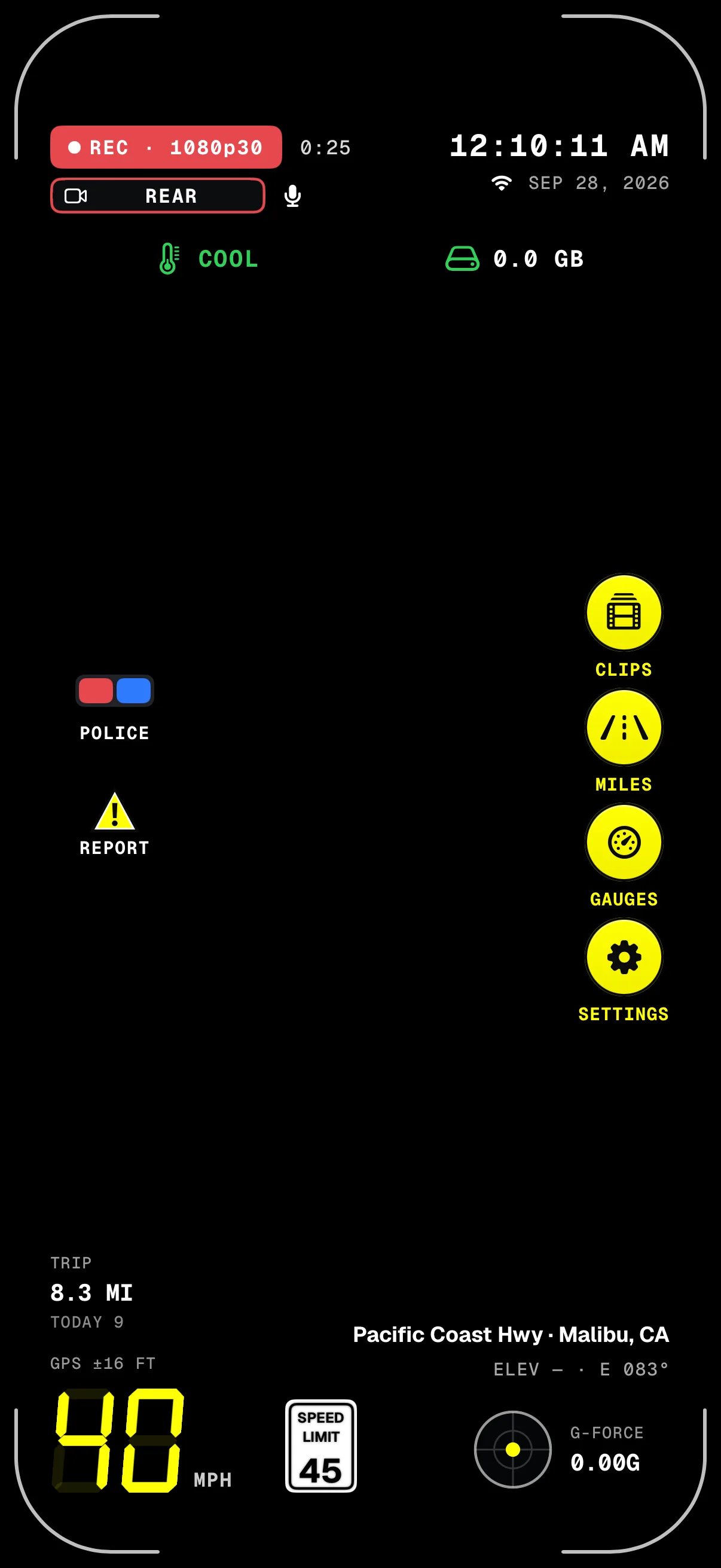 Dashivo's dash cam HUD on iPhone while driving on Pacific Coast Highway in Malibu: REC in 1080p with the REAR camera tag, 40 mph under a 45 mph speed-limit sign, trip miles, G-force, the clock and date, and the POLICE and REPORT buttons.