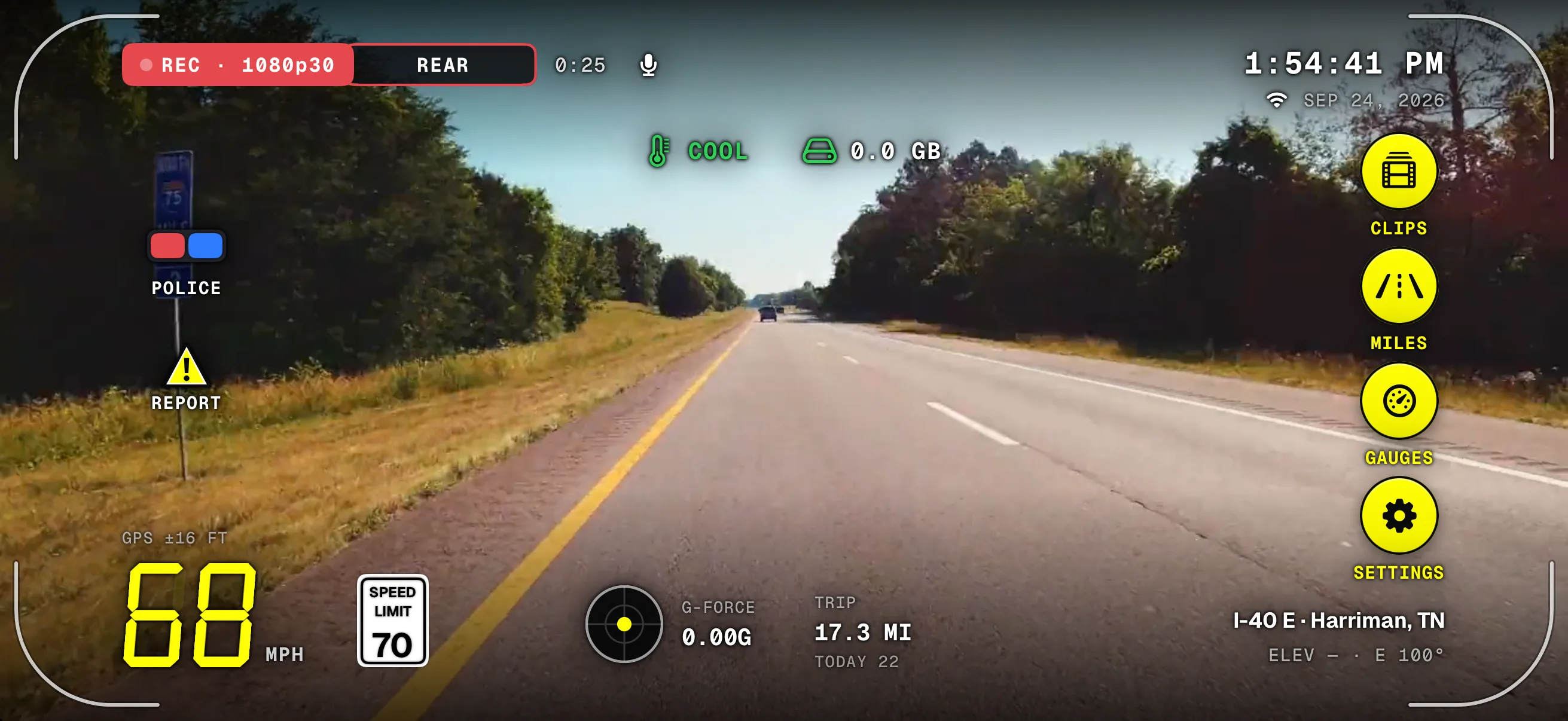 The same drive with the iPhone sideways: REC 1080p30, the clock, 68 mph under the 70 limit sign, G-force, trip miles, the street and city, and the rail of Clips, Miles, Gauges and Settings.