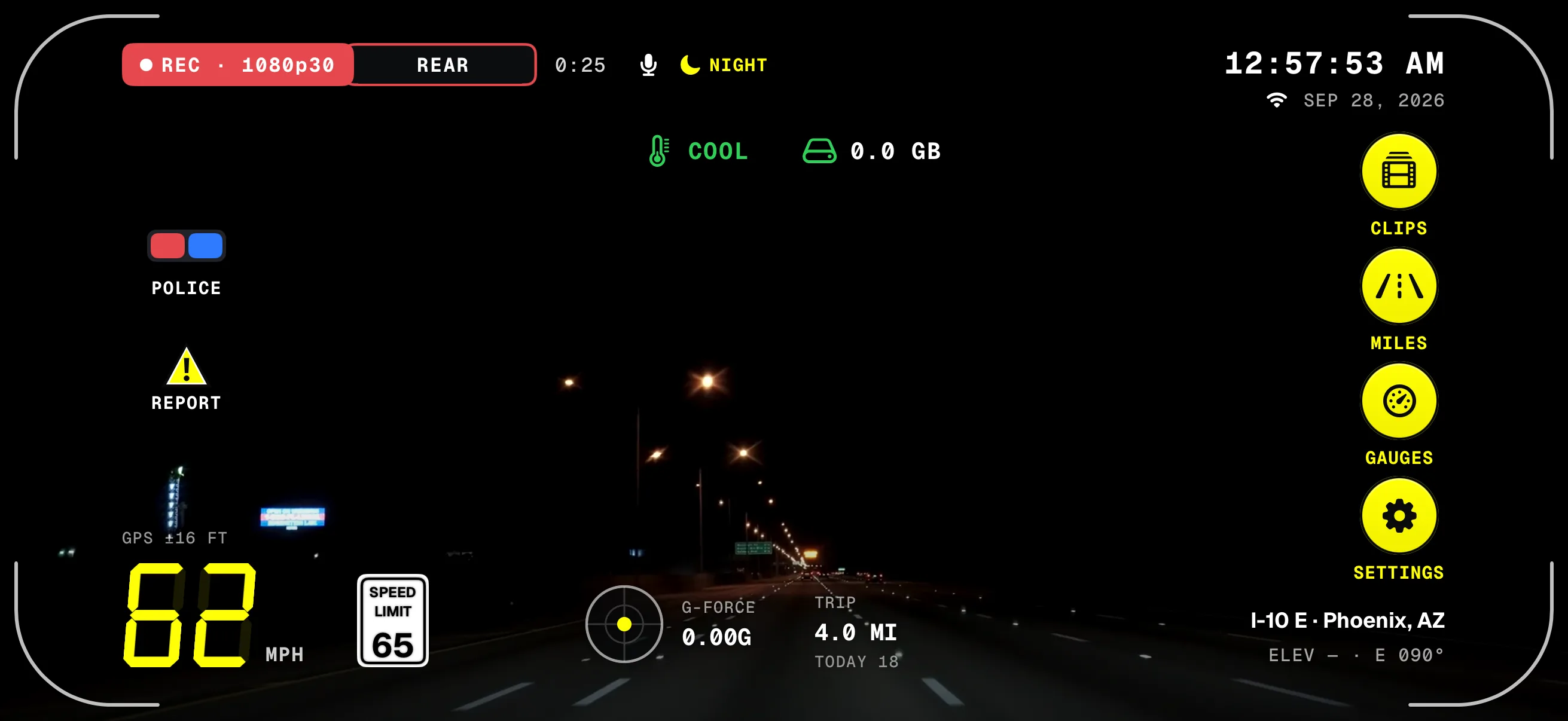 Dashivo's HUD over a highway at night, sideways: REC 1080p30 and the REAR camera tag, with the clip timer, the mic and the moon with NIGHT beside it, 62 mph under a 65 mph speed-limit sign on I-10 E in Phoenix at 12:57 AM, over the dark road picture.