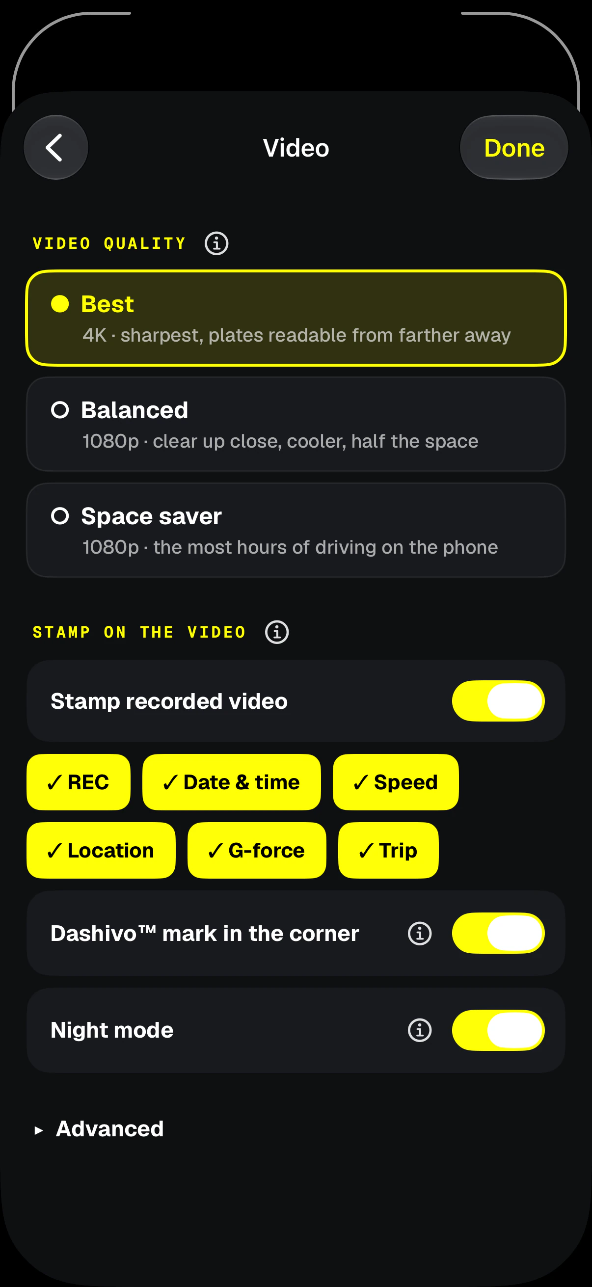 Dashivo's Video settings on iPhone: video quality (Best, Balanced, Space saver), the stamp with its six readouts, the Dashivo mark, night mode and Advanced.
