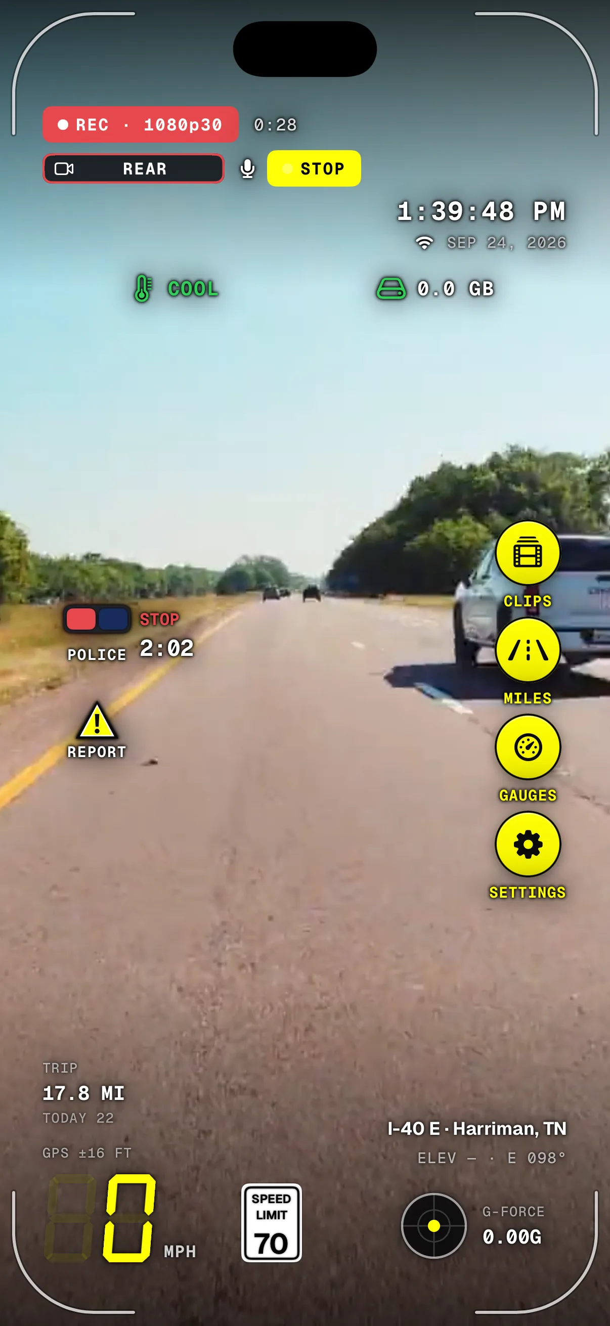 A police stop running in Dashivo on iPhone over the road: REC with STOP beside it, the clock and date, the POLICE button showing STOP and 2:02, and 0 mph under a 70 limit sign on I-40 E near Harriman, Tennessee, at 1:39 PM.