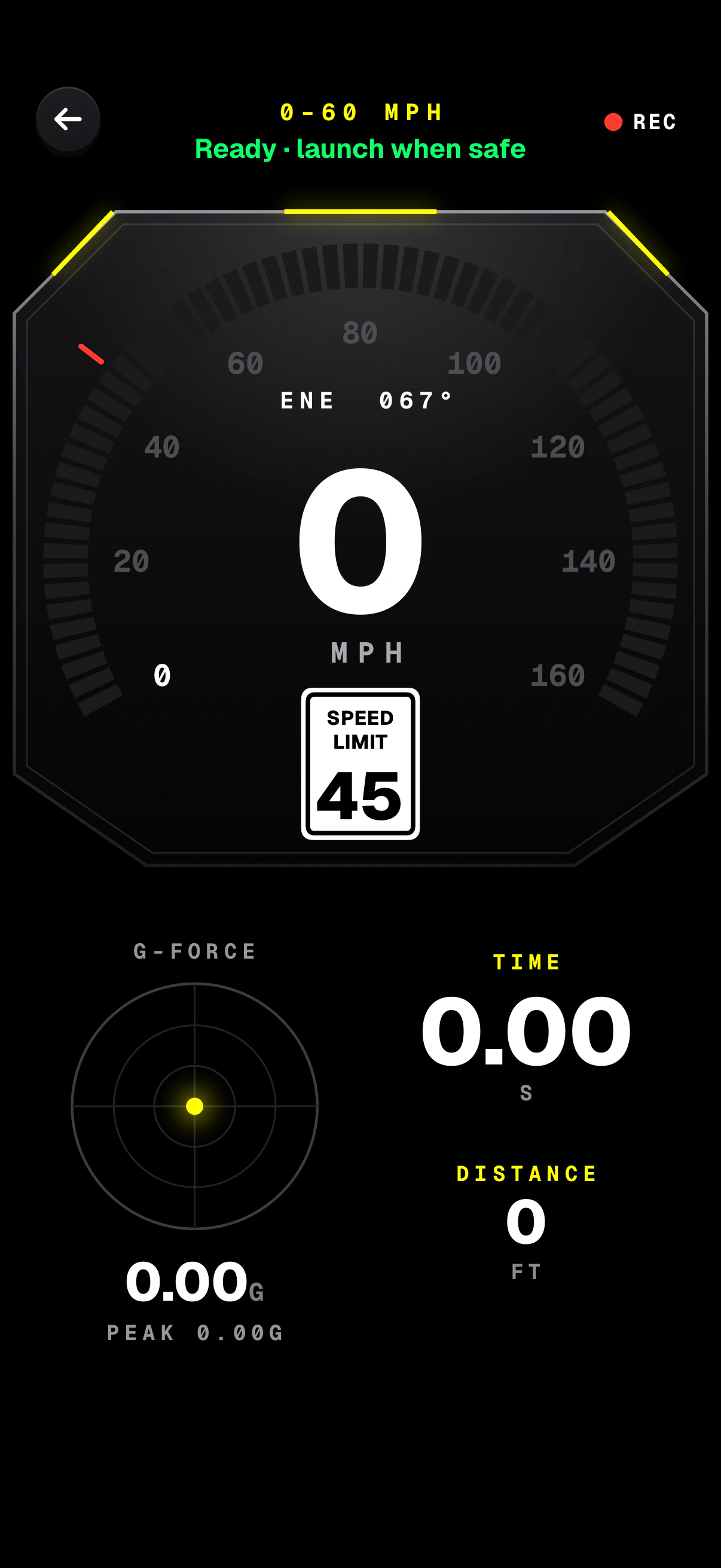 Dashivo's 0–60 mph run armed and waiting: Ready, launch when safe, at 0 mph under a 45 mph sign, with the time at 0.00 s and the distance at 0 ft.