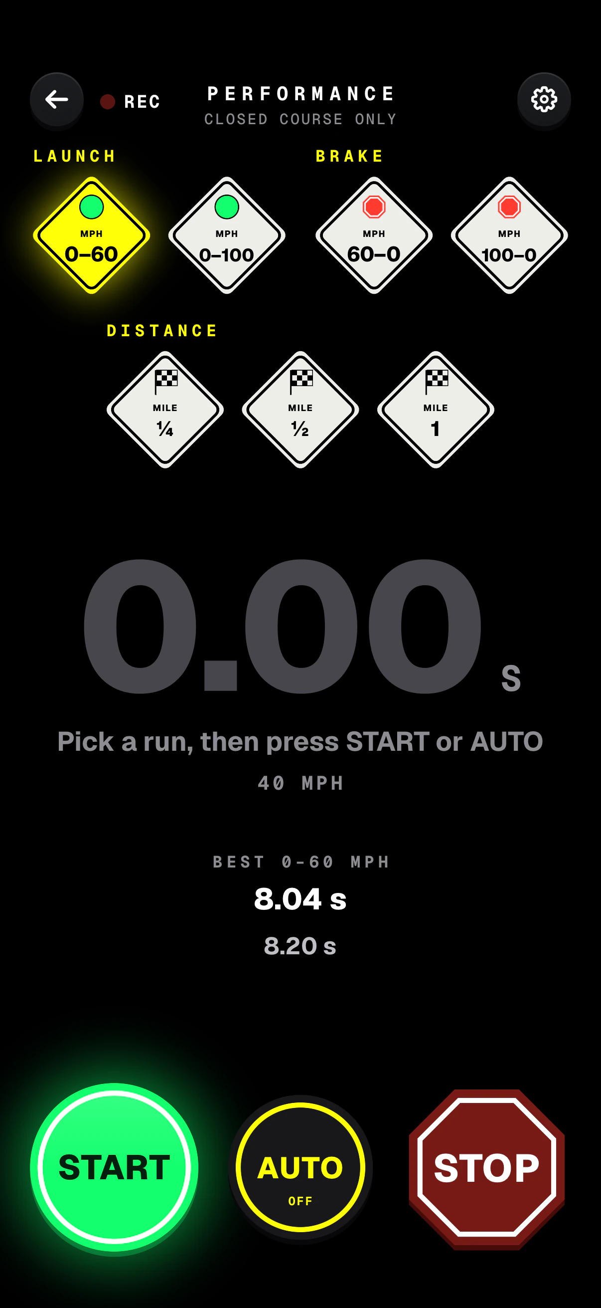 Dashivo's Stopwatch run picker for closed-course use: launch runs 0–60 and 0–100 mph, braking 60–0 and 100–0, distance ¼, ½ and 1 mile, a best 0–60 time of 8.04 s, and START, AUTO and STOP buttons.