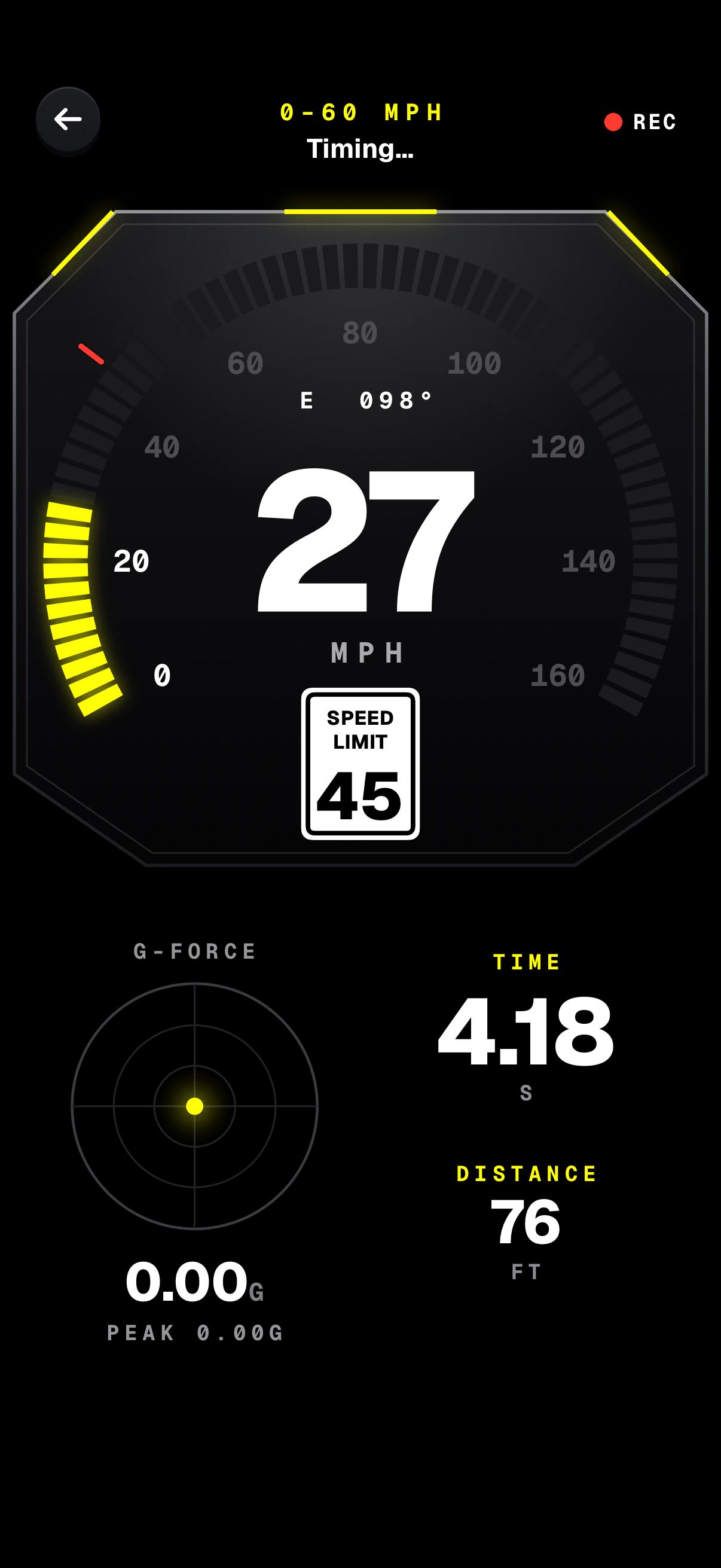 Dashivo's Stopwatch timing a 0–60 mph run: 27 mph under a 45 limit sign, 4.18 seconds and 76 feet so far.
