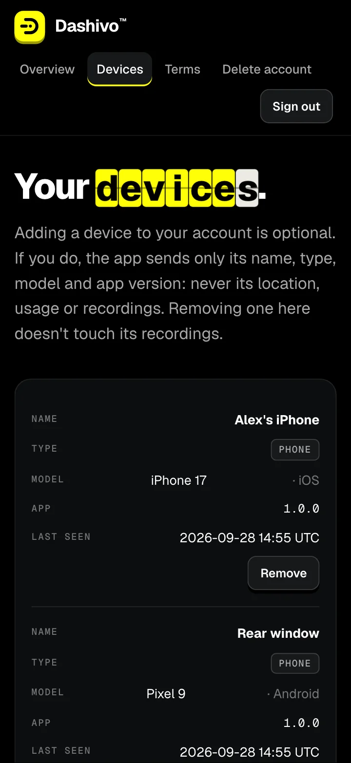 The Devices page of the Dashivo account in a phone browser, for an example account: Alex's iPhone, an iPhone 17, with its app version, when it was last seen and a Remove button, and a Pixel 9 named Rear window below it.