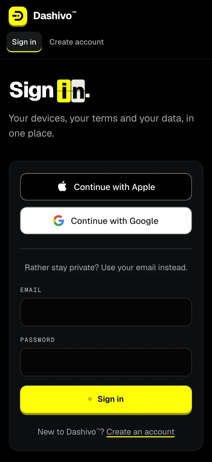 The Dashivo account sign-in page in a phone browser: Sign in, with Continue with Apple and Continue with Google buttons, then email and password fields for anyone who'd rather use their email, a Sign in button and a link to create an account.